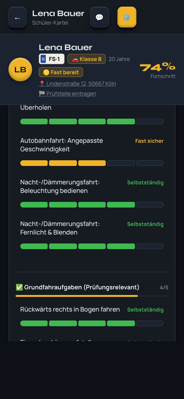 Ausbildungsdiagrammkarte mit Bewertungsstufen je Thema