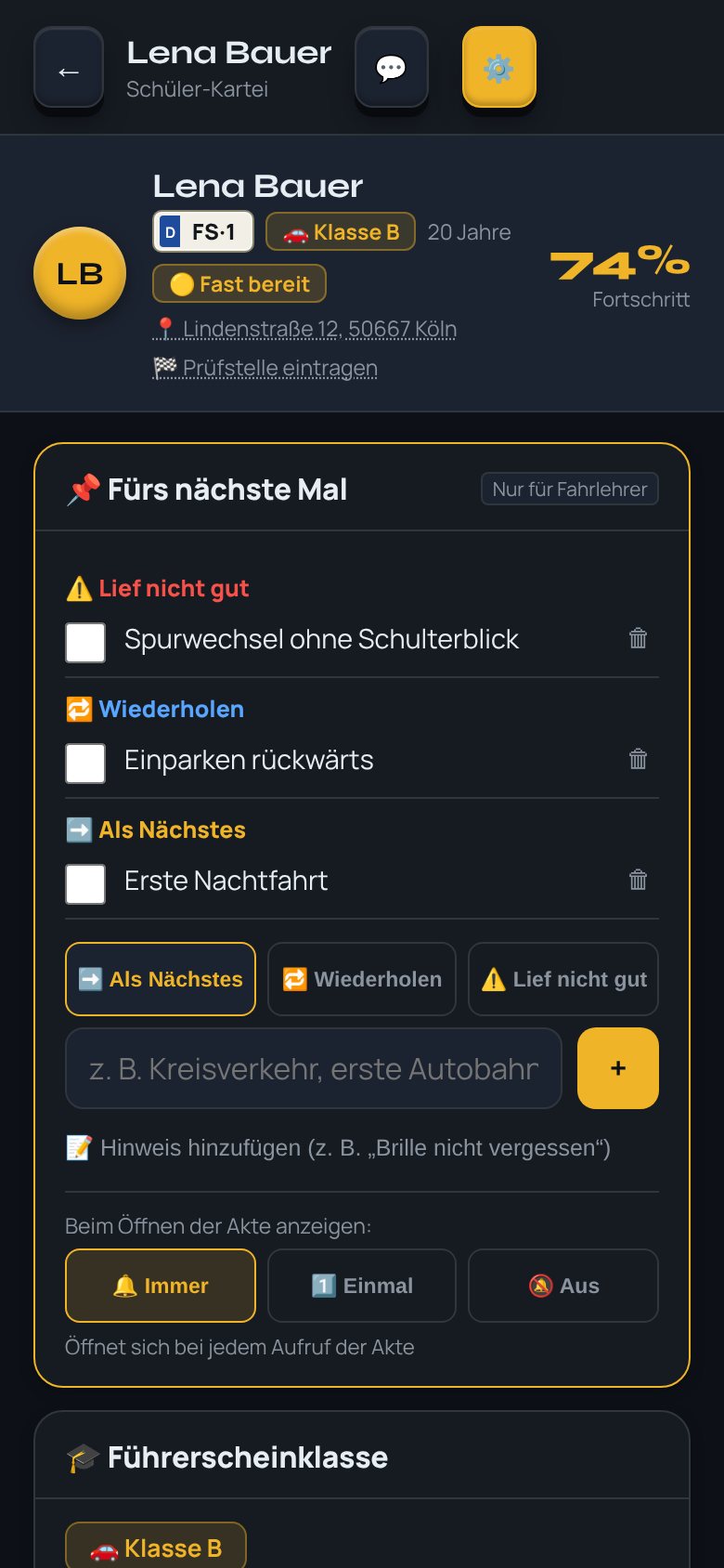 Schüler-Kartei in FahrSync: Name, Klasse, Fortschritt in Prozent und die Aufgaben fürs nächste Mal