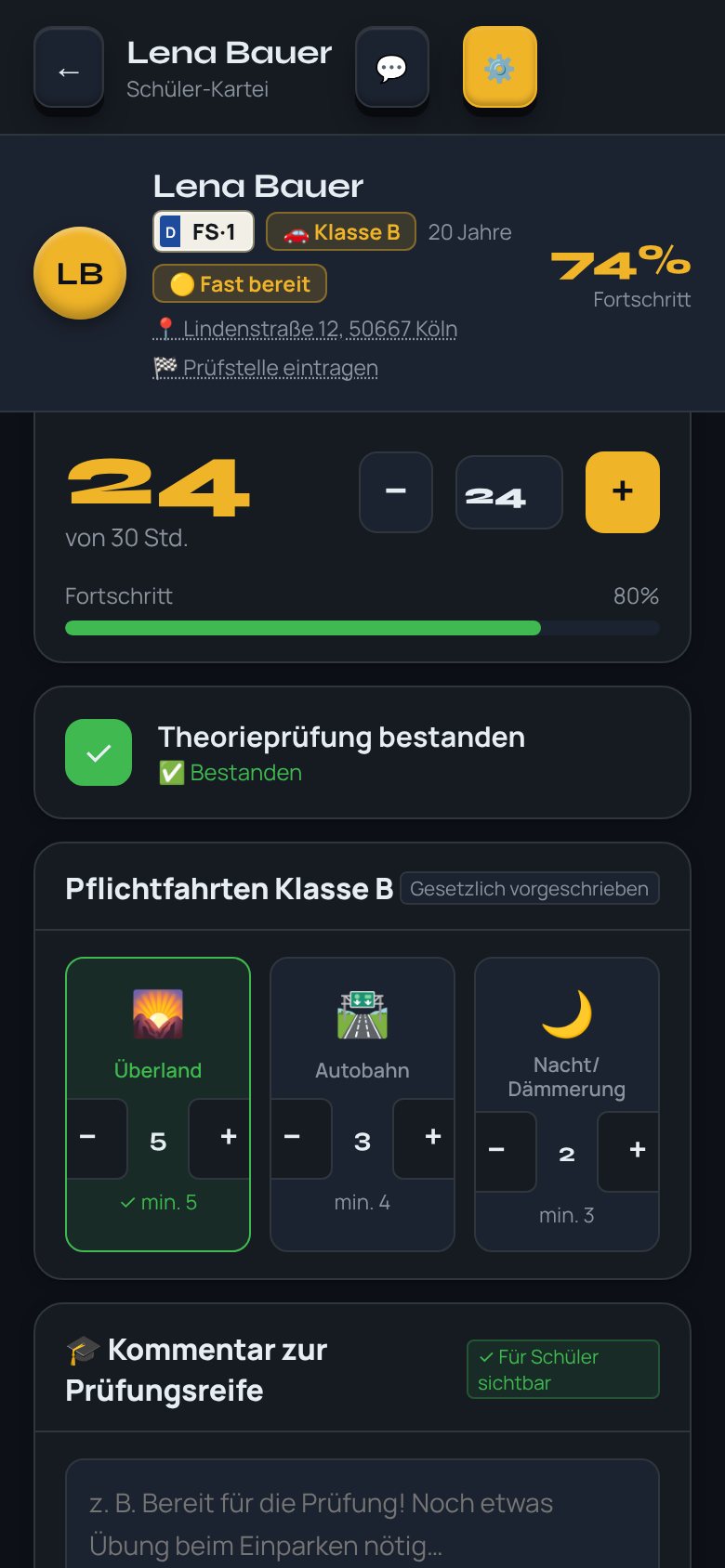 Fahrstunden und Pflichtfahrten mit erledigten und offenen Fahrten