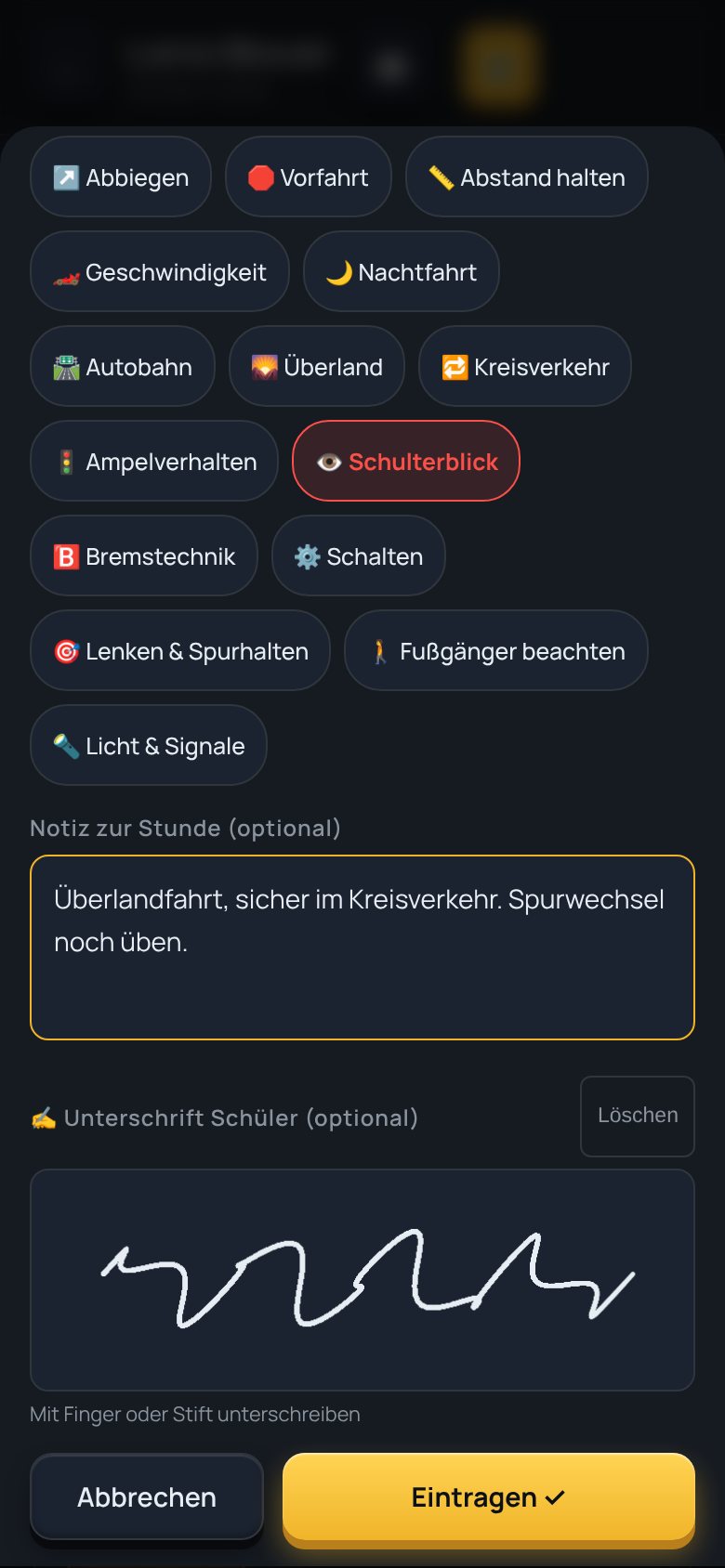 Neuer Protokolleintrag mit Mängeln, Notiz und Unterschrift des Schülers